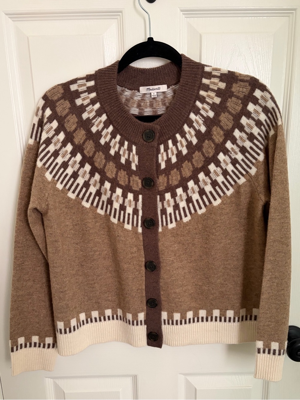 Madewell Women’s Brown and Cream Patterned Button-Up Cardigan